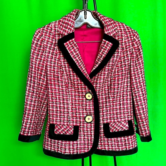 6 Kenzie women jacket Plaid Contrast Trim Double Breasted Tweed 2 Faux pockets - Picture 3 of 13